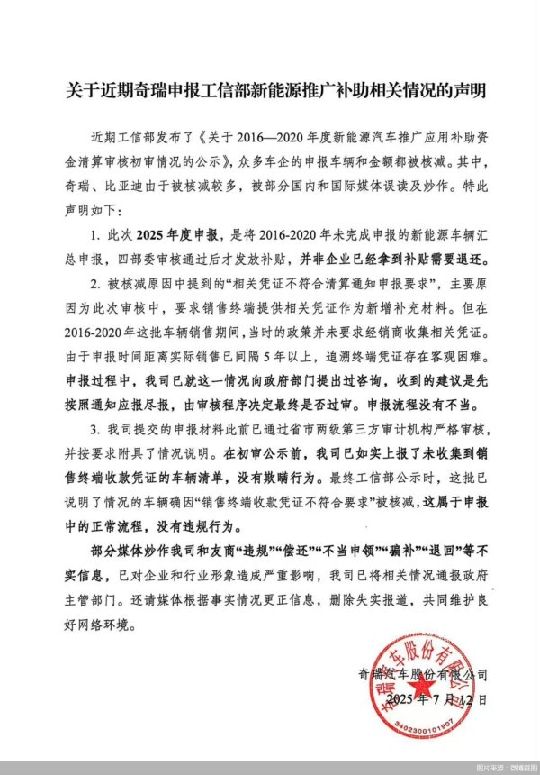 方舟配资 新能源推广补助资金被核减，奇瑞汽车回应：属申报正常流程，无违规行为